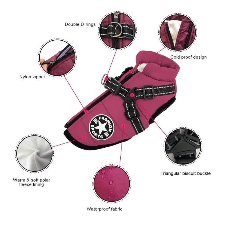 Labelled jacket: double D-rings, nylon zipper, polar fleece lining, buckle, water-resistant fabric