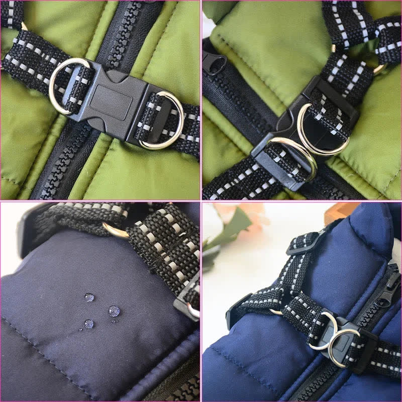 Close-ups of the buckle, the metal D-ring, the reflective strap and water beading on the fabric