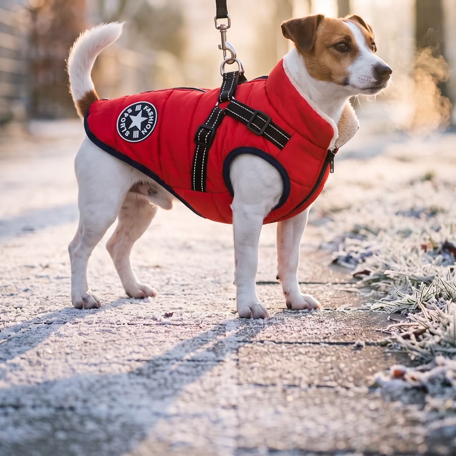 A small dog in the red Swaggies jacket, the leash clipped onto the D-ring on its back