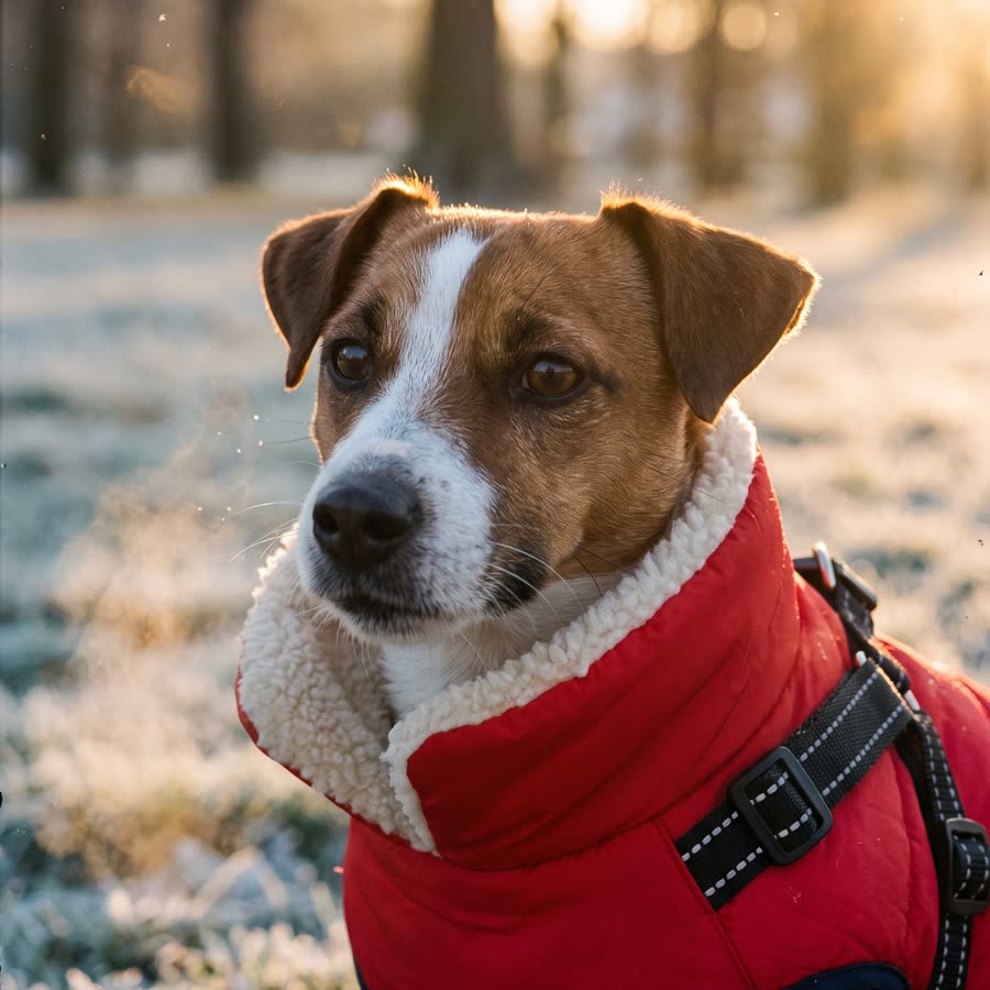 A Jack Russell in the red jacket with the fleece-lined collar turned up