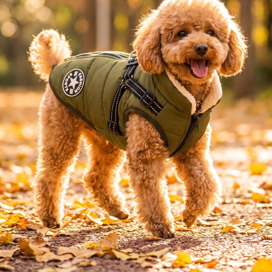A miniature poodle in the olive jacket on an autumn walk
