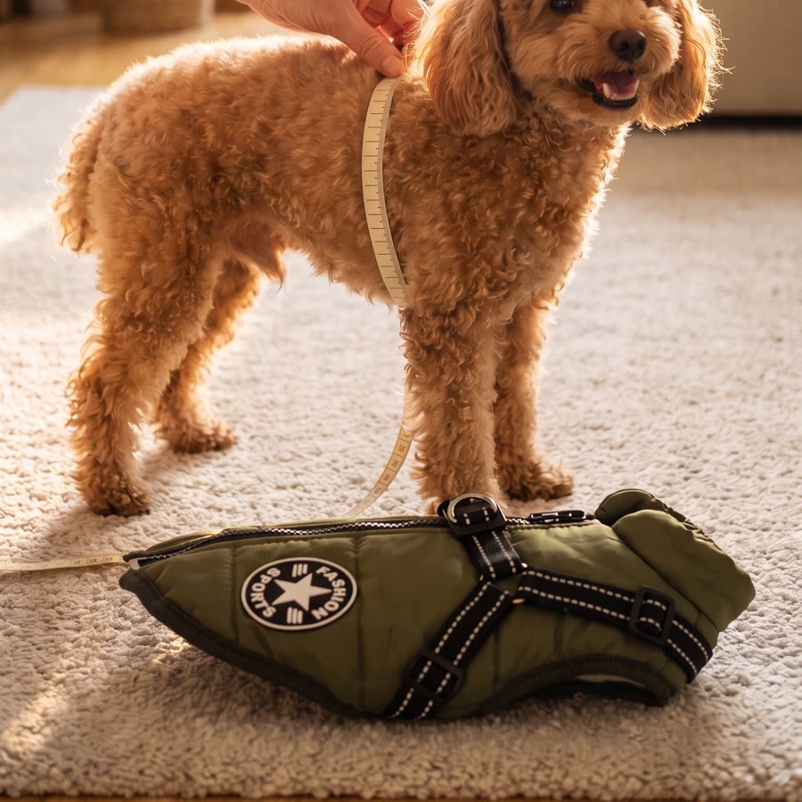 Hands measuring a poodle's chest just behind the front legs with a soft tape