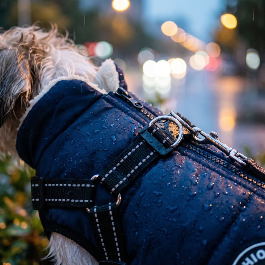 Close-up of rain beading on the navy jacket's shoulder next to the metal D-ring and reflective strap