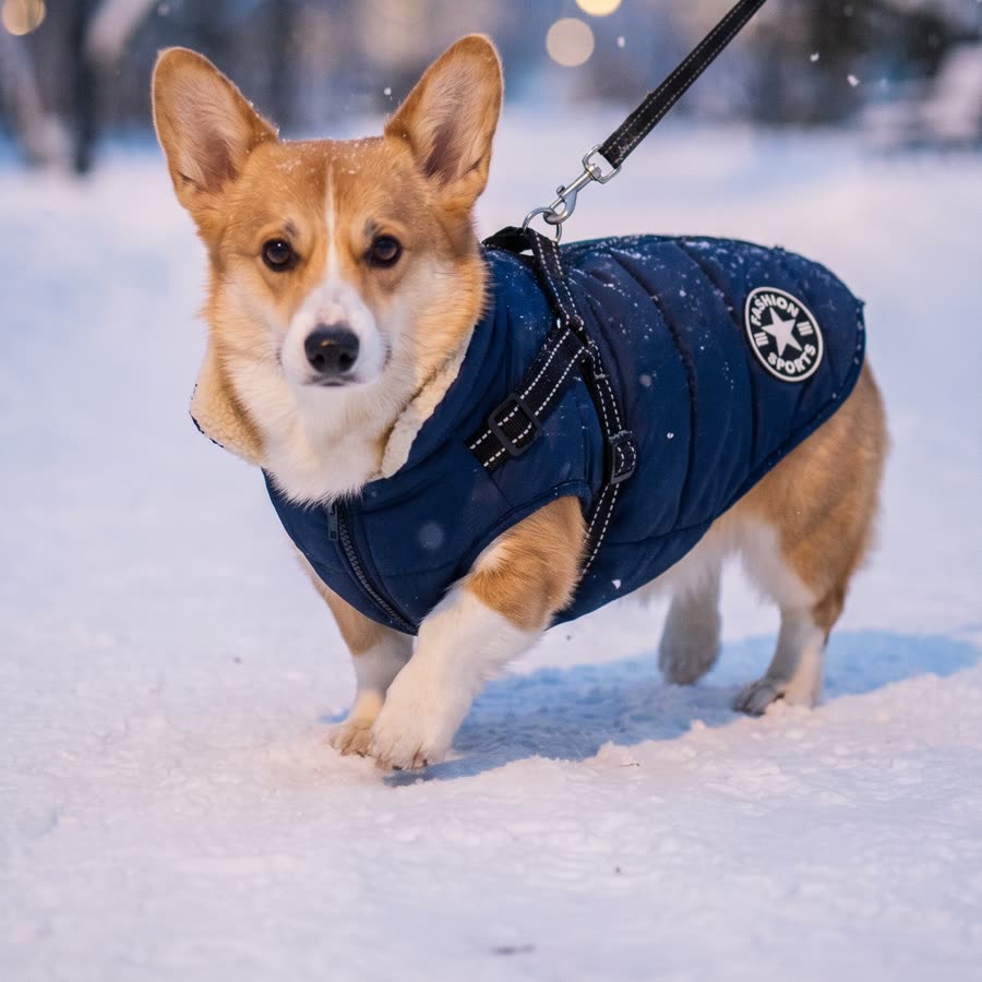 A corgi in the navy jacket trotting through light snow at dusk, leash on the back D-ring
